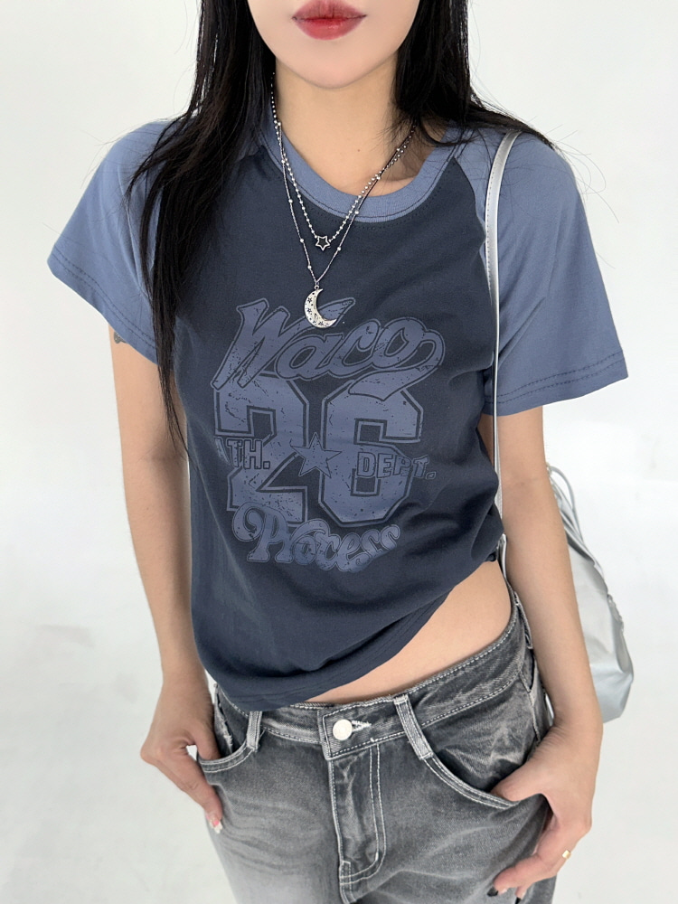 더 키치 넘버 블럭 컬러 레글런 크롭 하프 티셔츠(3color) - 키미스