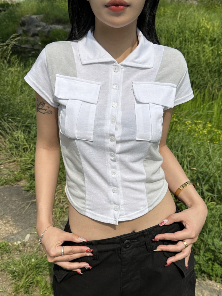 핫 걸즈 컬러 믹스 포켓 스판 셔츠 카라 티셔츠(3color/2-4일 여유주문) - 키미스