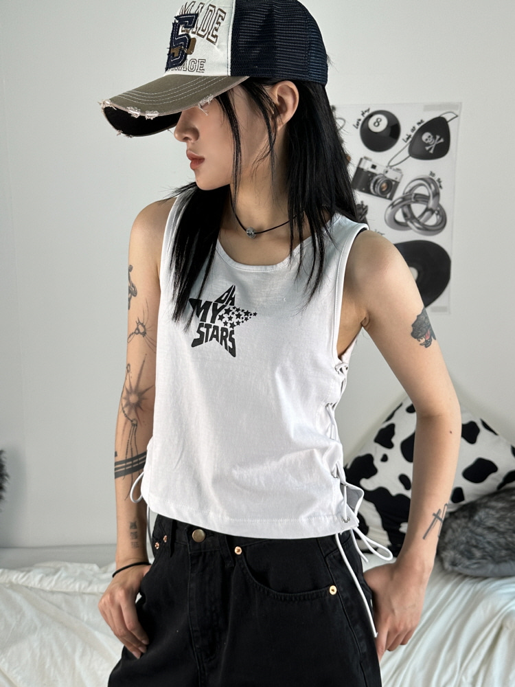 펑키 스타 스트랩 아일렛 포인트 크롭 나시 티셔츠(3color) - 키미스