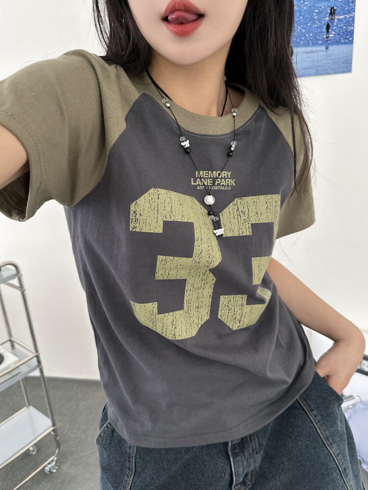 하이틴즈 믹스 컬러 레글런 넘버 세미 크롭 티셔츠(3color) - 키미스