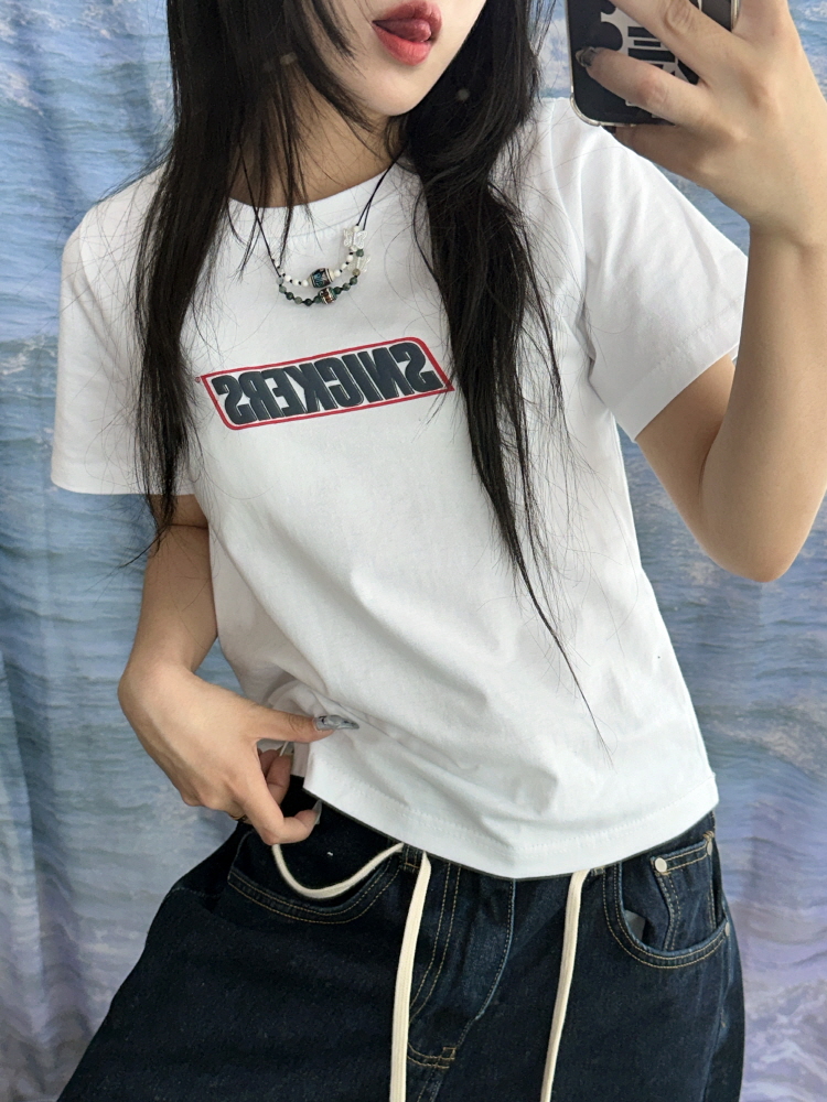 [기획특가]빈티지 큐트 프린팅 포인트 세미 크롭 하프 티셔츠(2color) - 키미스