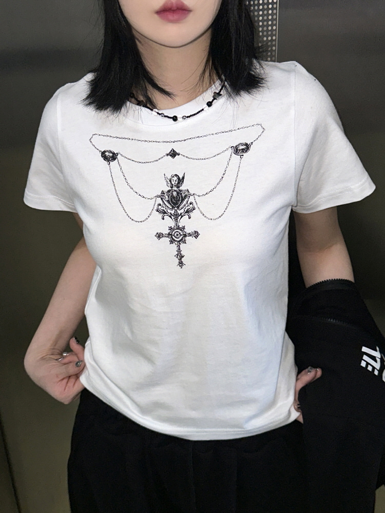 힙 체인 프린팅 포인트 세미 크롭 티셔츠(3color) - 키미스