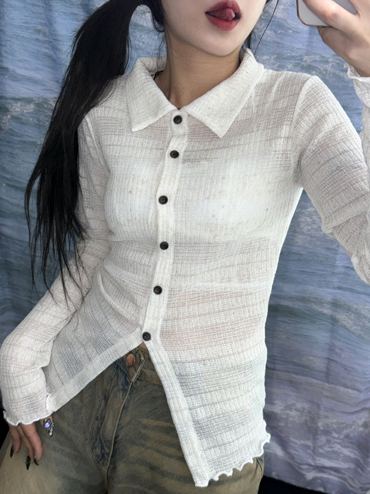 세미 시스루 스트라이프 카라 니트 셔츠(4color) - 키미스