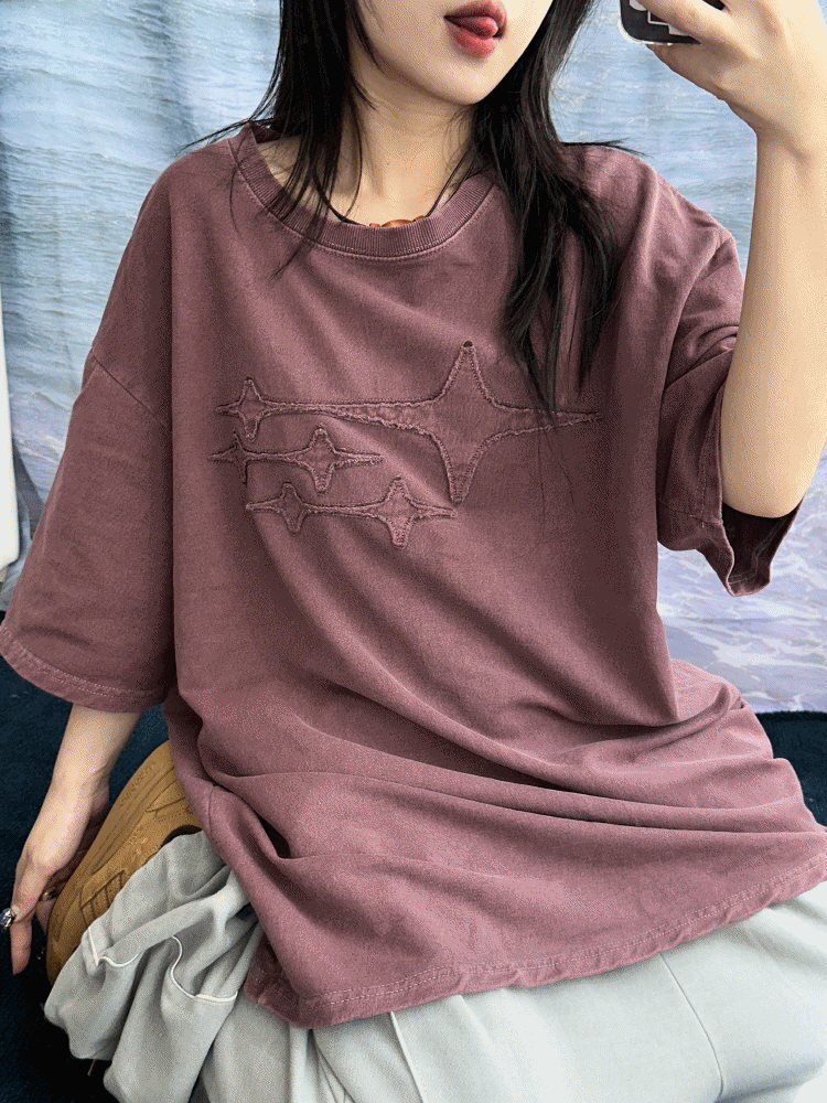 [UNISEX]블링 패치 스타 루즈 피그먼트 하프 티셔츠(3color) - 키미스