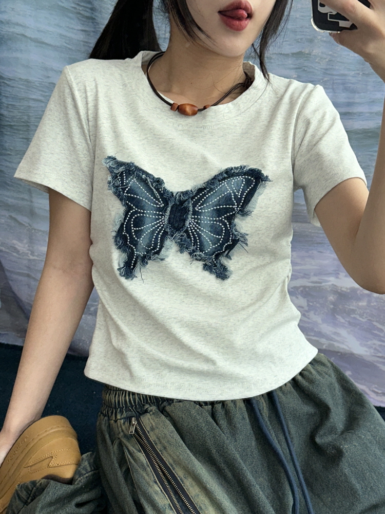 키치 셔링 데님 버터플라이 포인트 크롭 하프 티셔츠(4color/3-5일 여유주문) - 키미스