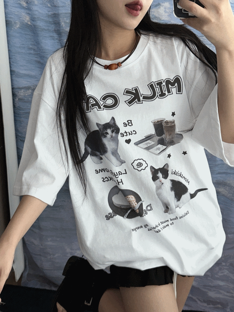 [UNISEX]먀오 캣츠 키치 루즈 하프 티셔츠(2color) - 키미스