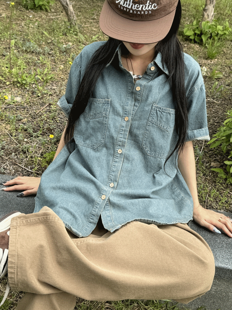 [소장추천!]올딘 빈티지 데님 루즈 하프 셔츠(2color/3-5일 여유주문) - 키미스